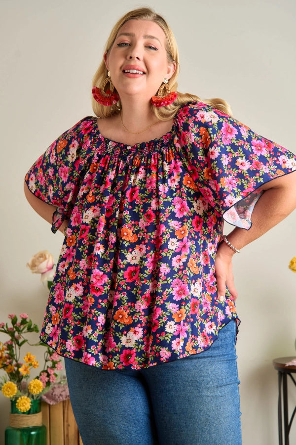 Lou Navy Floral Smocked Top Plus Size