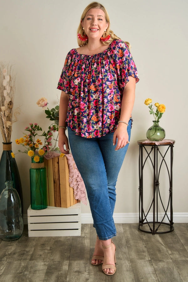 Lou Navy Floral Smocked Top Plus Size