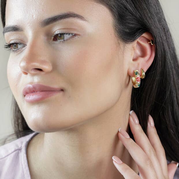 Pink Cloisonné Hoop Earrings in Gold