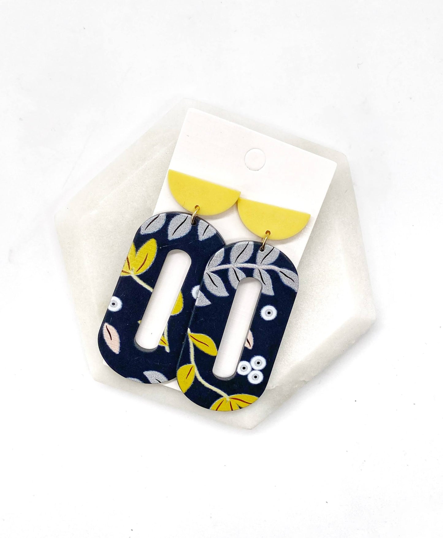 Navy Yellow Floral Acrylic Earrings