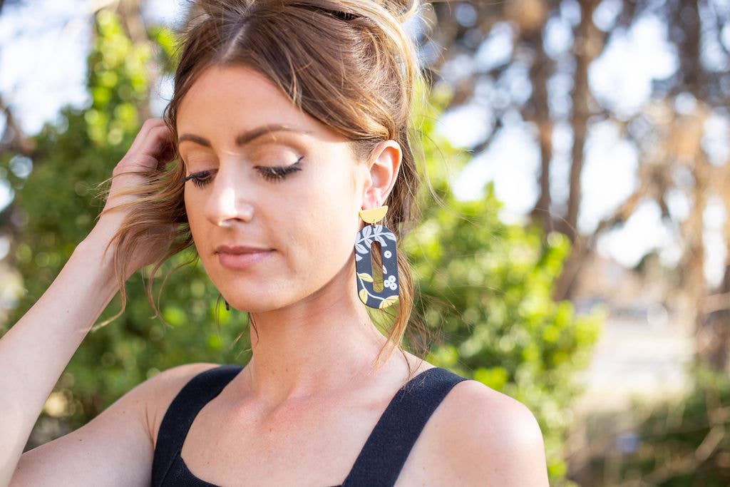 Navy Yellow Floral Acrylic Earrings