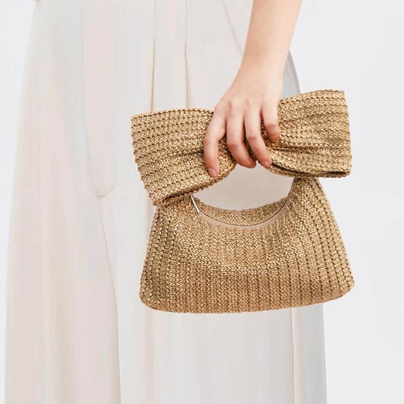 Woven Pouch Zipper Bag with Ribbon Handles