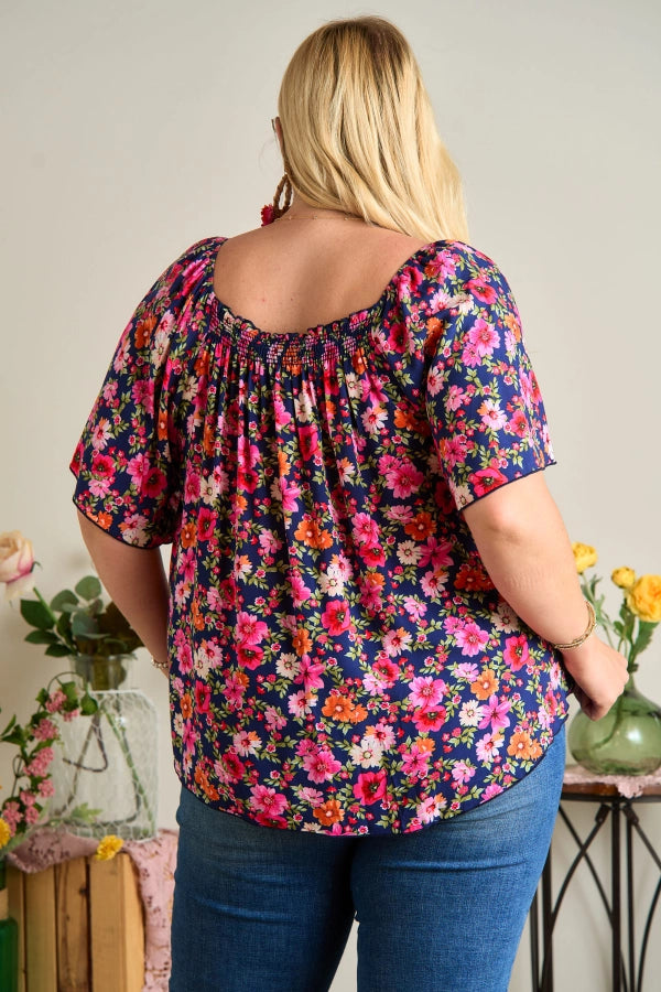 Lou Navy Floral Smocked Top Plus Size