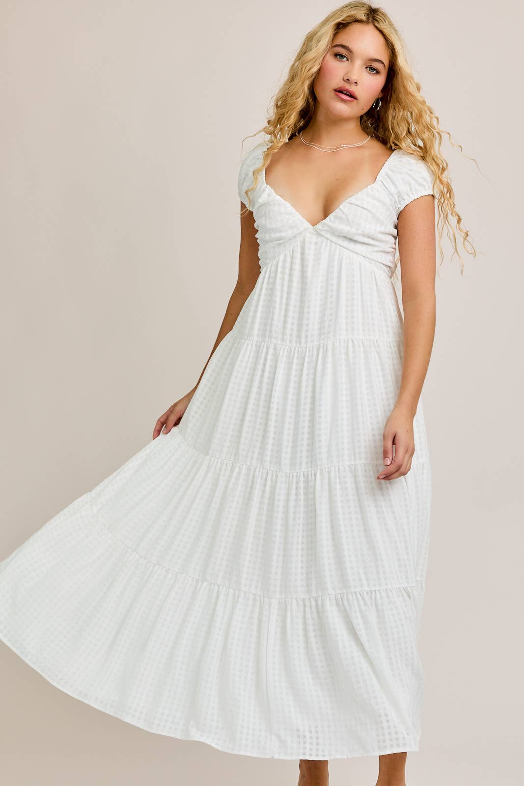 White Gingham Tiered Midi Dress