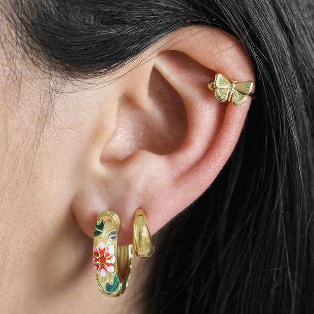 Pink Cloisonné Hoop Earrings in Gold