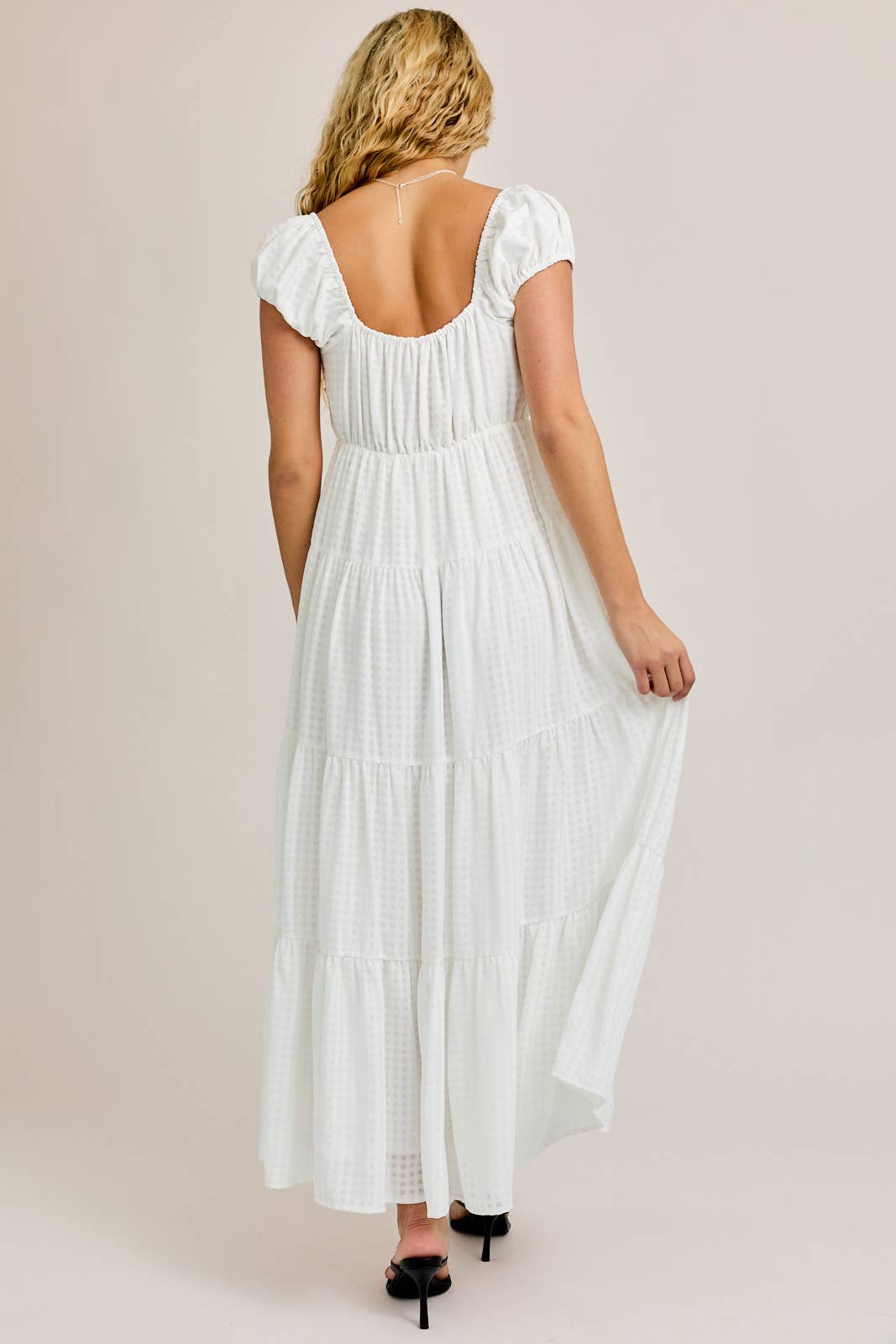 White Gingham Tiered Midi Dress