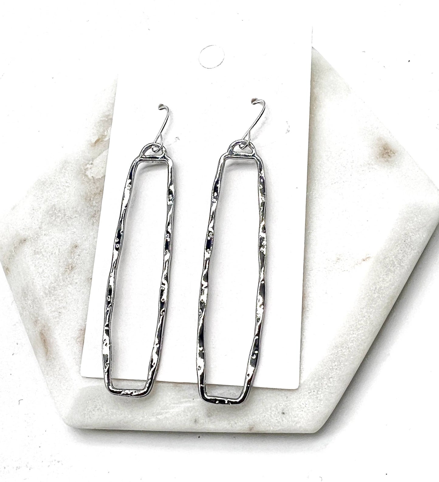 Silver Hammered Rectangle Statement Earrings