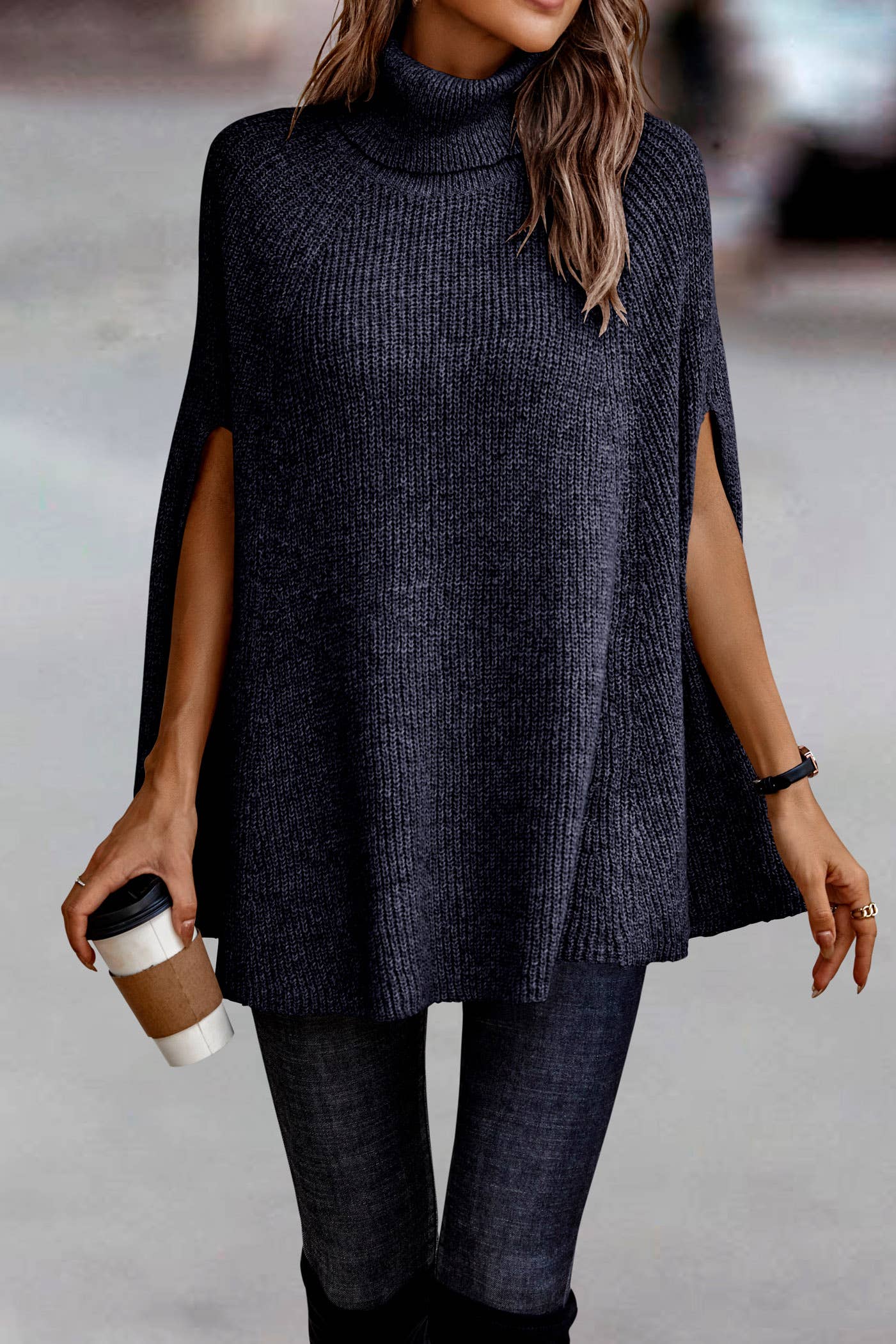 Victoria Navy Ribbed Knit Turtleneck Poncho