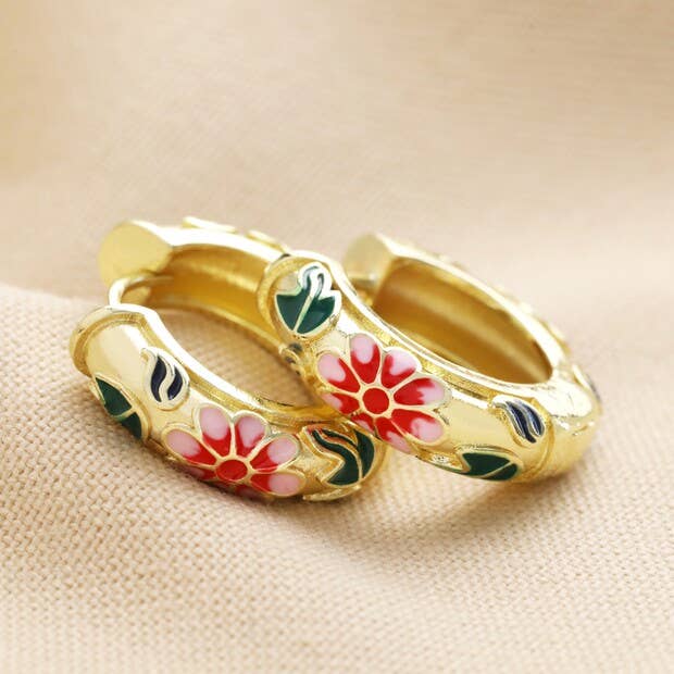 Pink Cloisonné Hoop Earrings in Gold