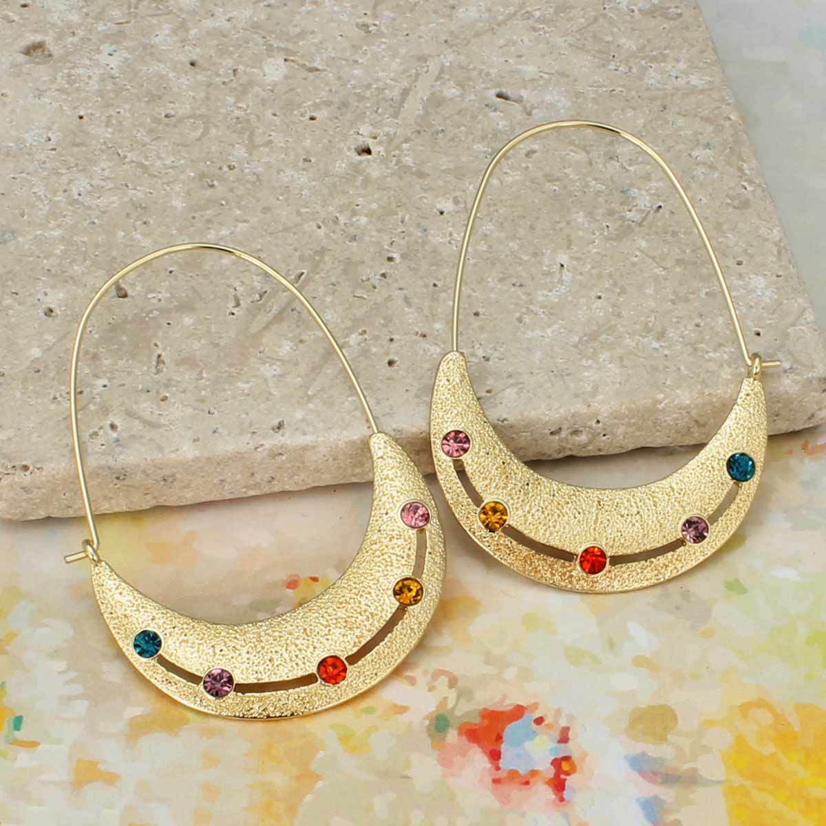 Rainbow Crystal Crescent Gold Hoop Earring