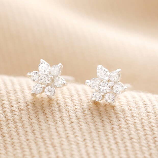 Tiny Sterling Silver Crystal Flower Star Stud Earrings