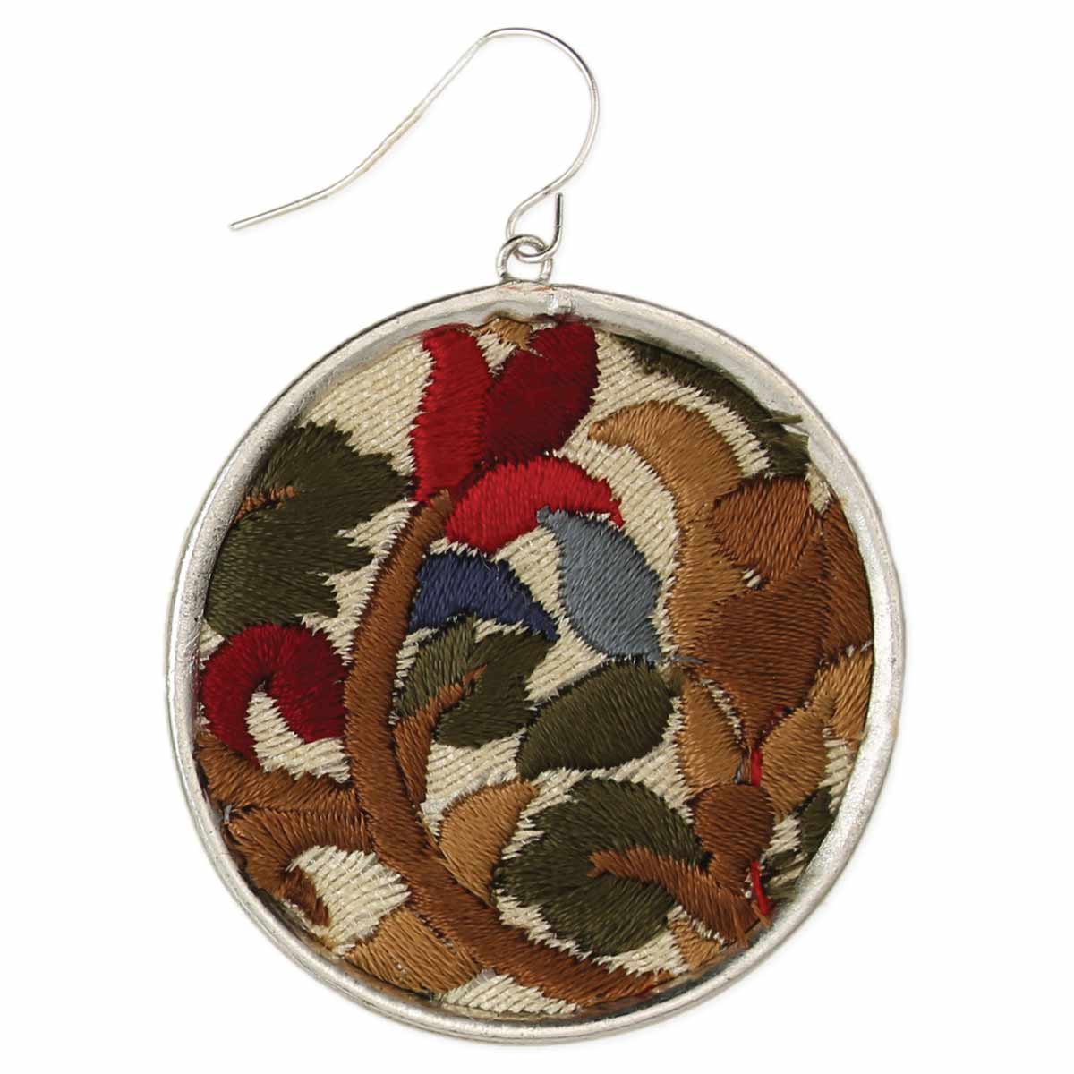 Red Embroidered Flower Round Earrings
