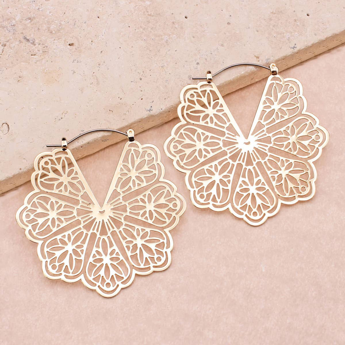 Vintage Floral Laser cut Gold Hoop Earrings