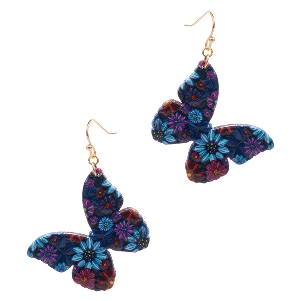 Floral Printed Butterfly Shaped Wood Earrings