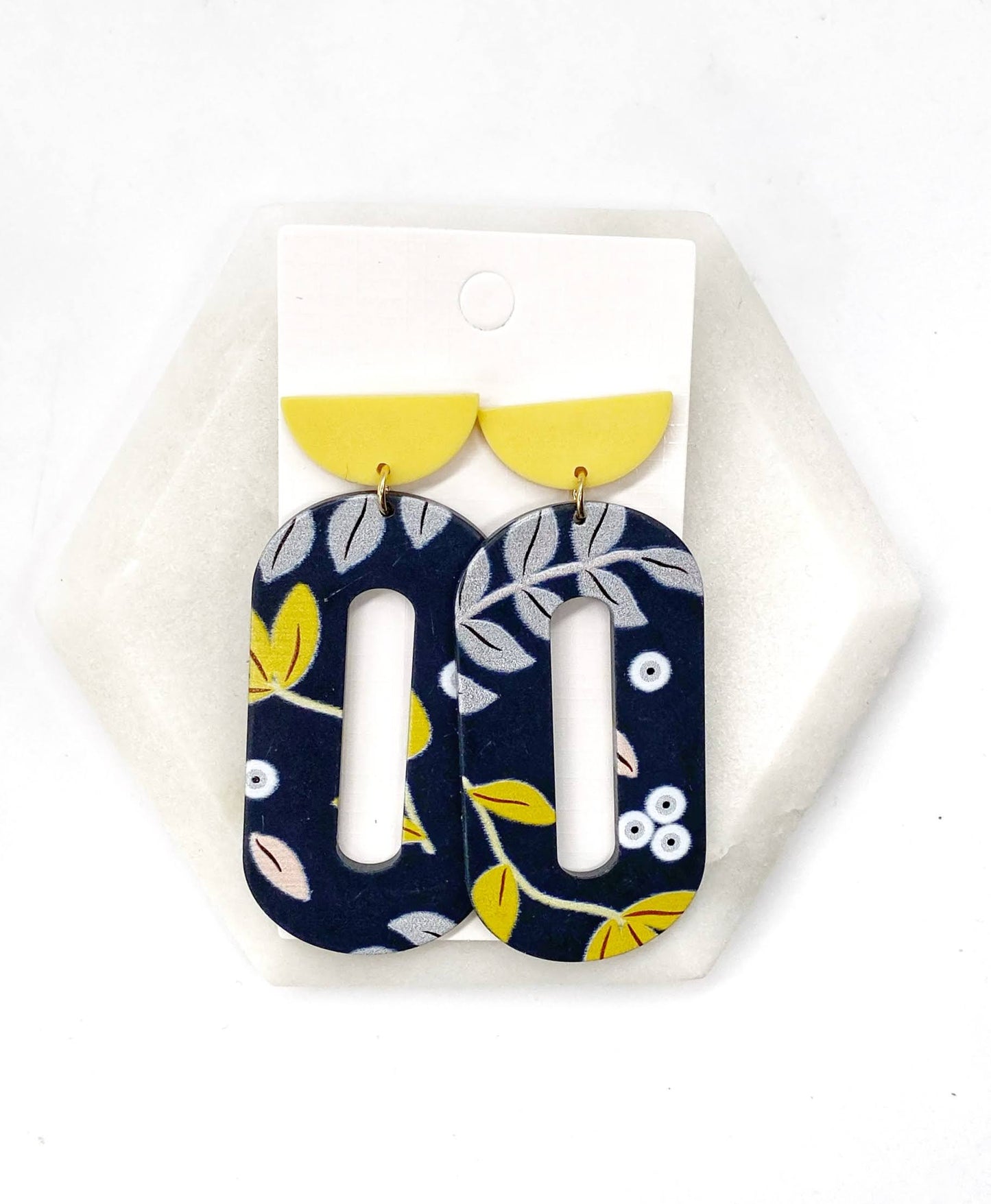 Navy Yellow Floral Acrylic Earrings