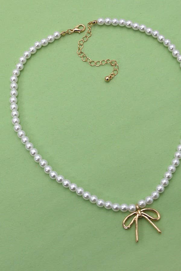 Pearl Chain Bow Charm Necklace