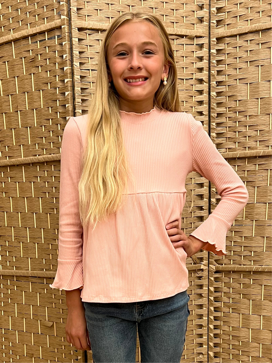 Girl's Blush Pink Long Sleeve Lettuce Trim Ribbed Shirt