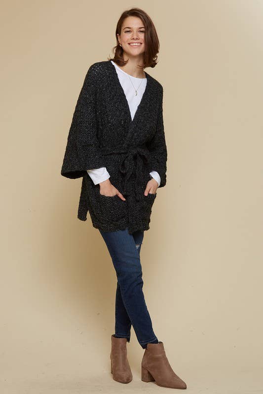 Bell Sleeve Cardigan With Waist Tie