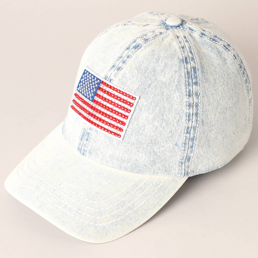 Rhinestone US Flag Patch Denim Baseball Cap