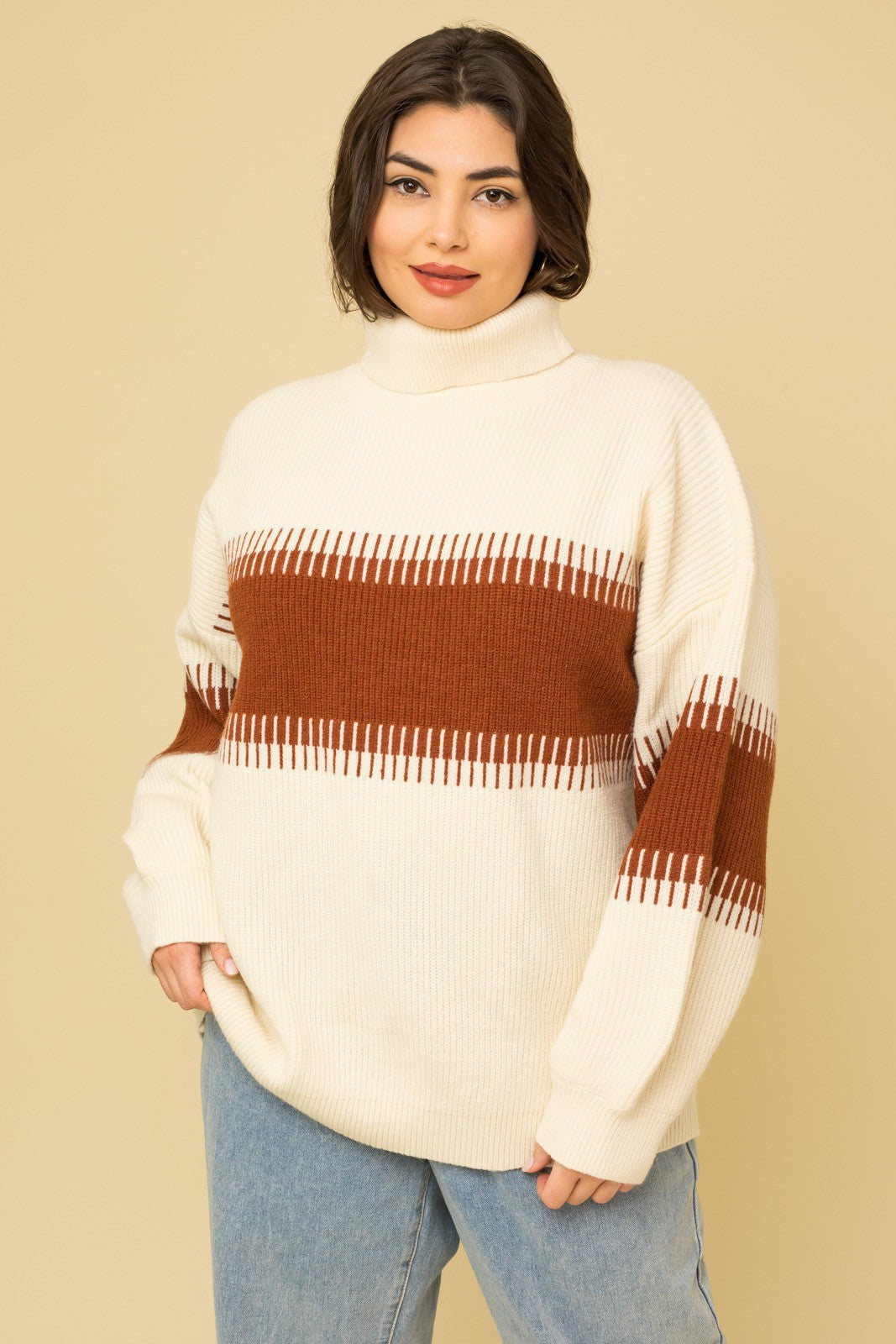Plus Size Contrast Colorblock Turtleneck Sweater