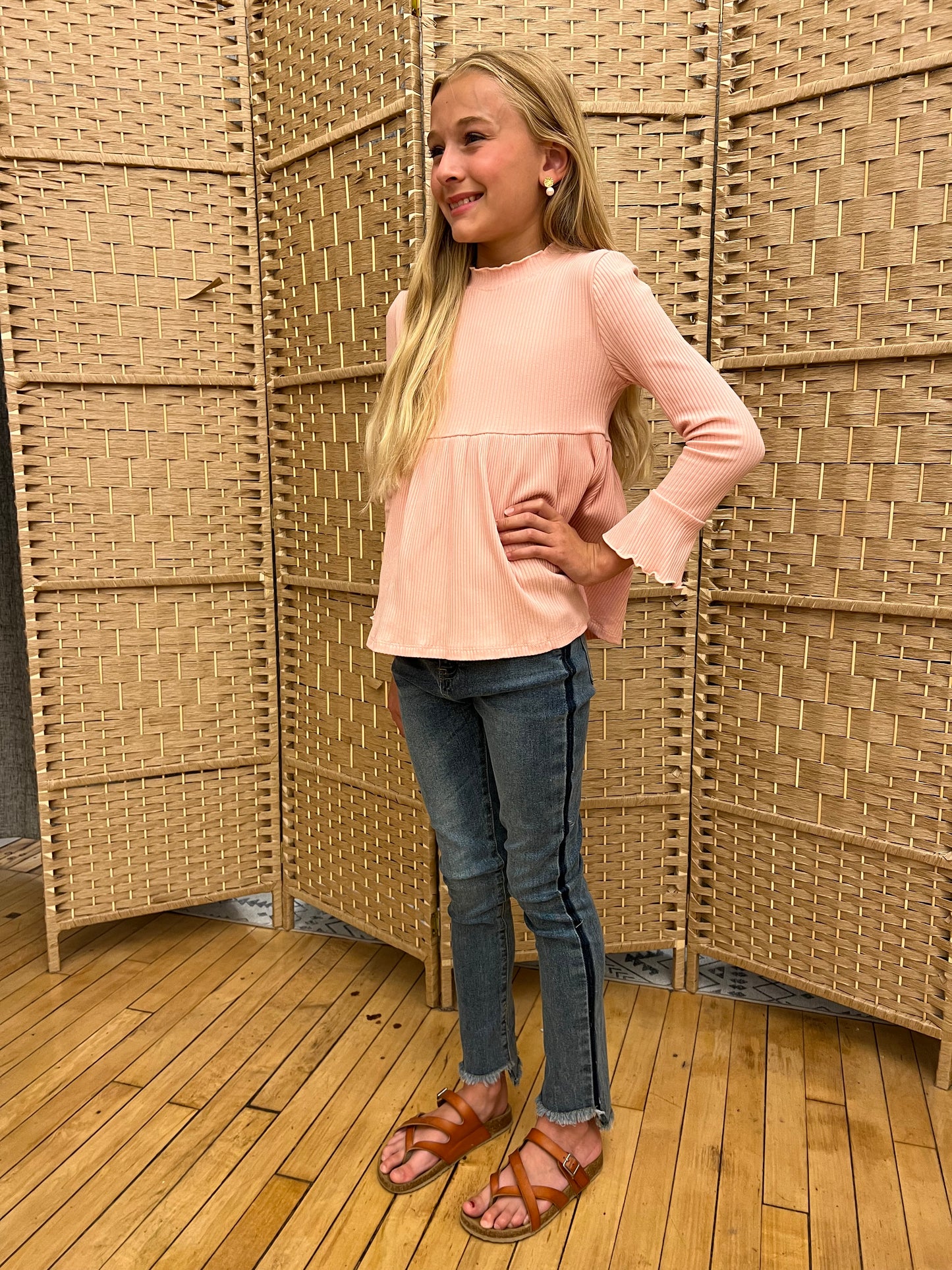 Girl's Blush Pink Long Sleeve Lettuce Trim Ribbed Shirt