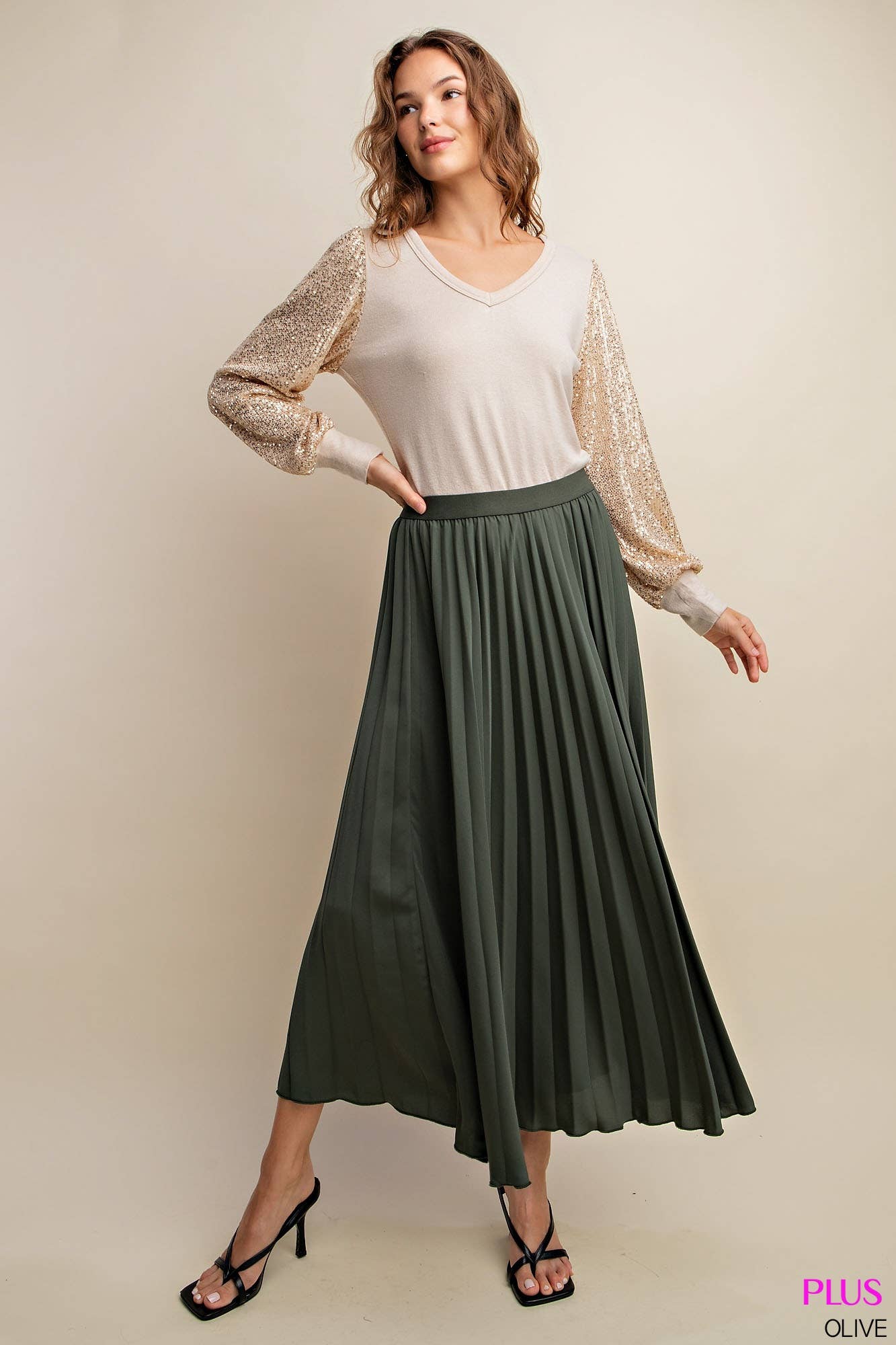 Curvy Olive Pleated Skirt