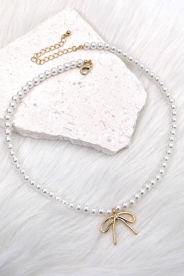 Pearl Chain Bow Charm Necklace