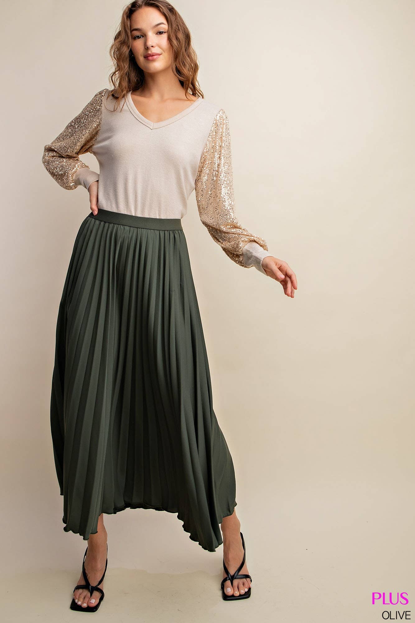 Curvy Olive Pleated Skirt