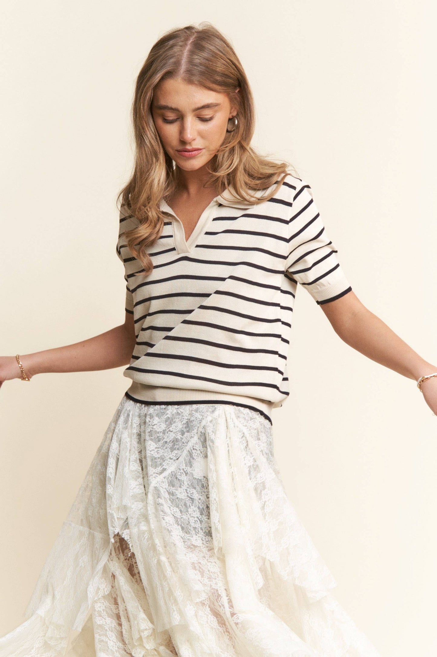 Adessa Ribbed Stripe Short Sleeve V Neck Top