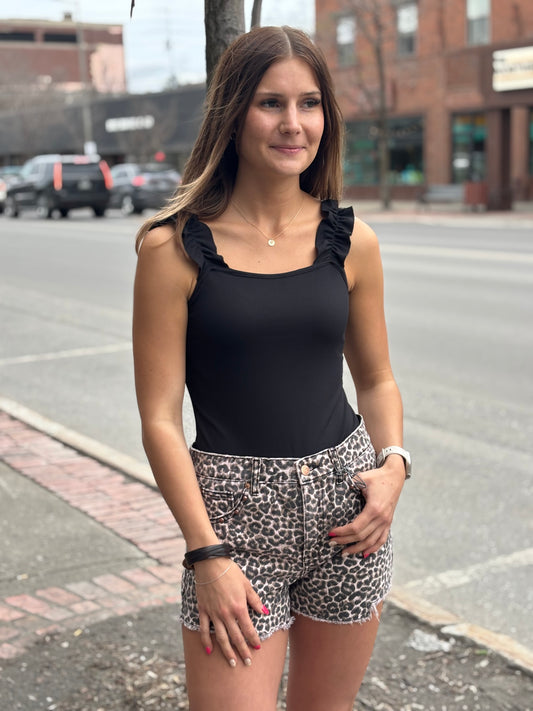 Black Ruffle Tank Bodysuit