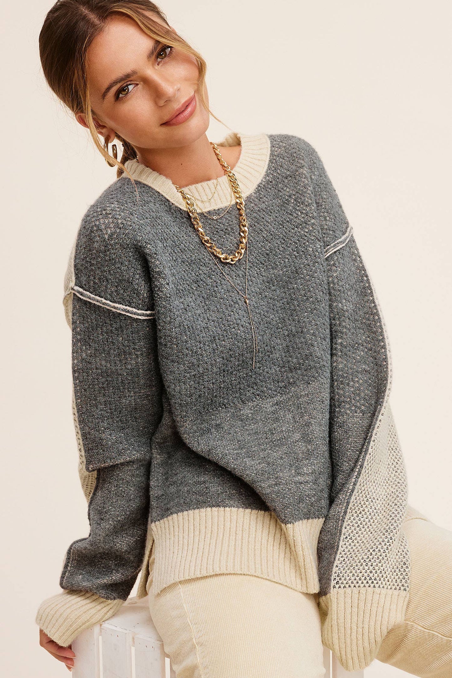 Lora Loose Fit Color Block Textured Sweater