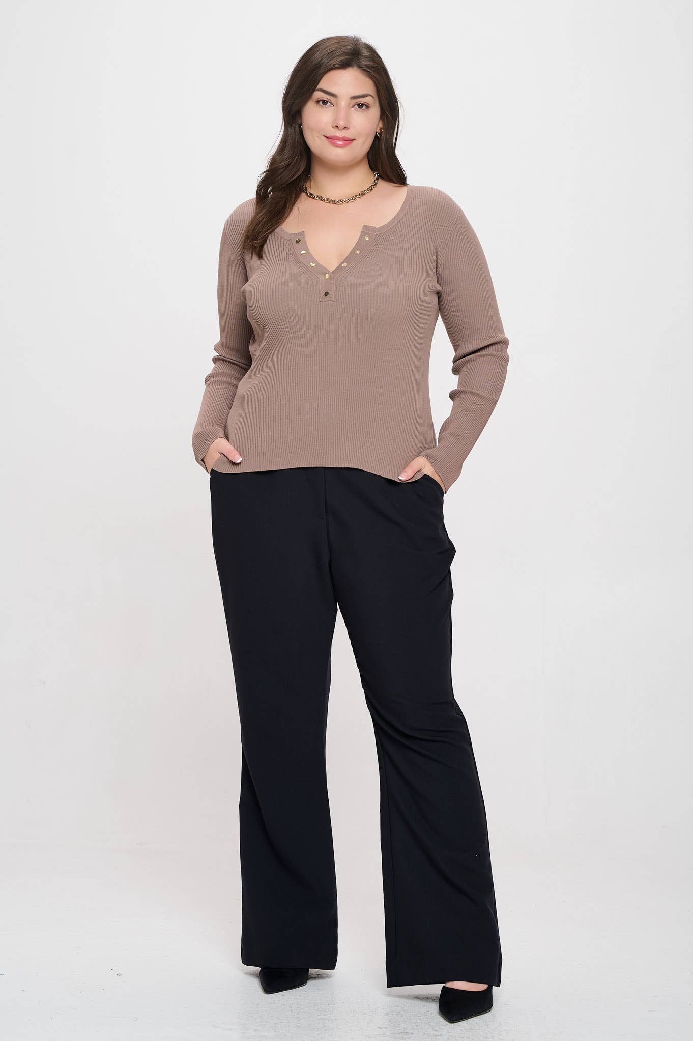 Curvy Vyla Long Sleeve Henley - Multiple Colors