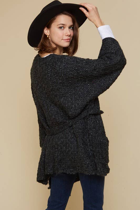 Bell Sleeve Cardigan With Waist Tie