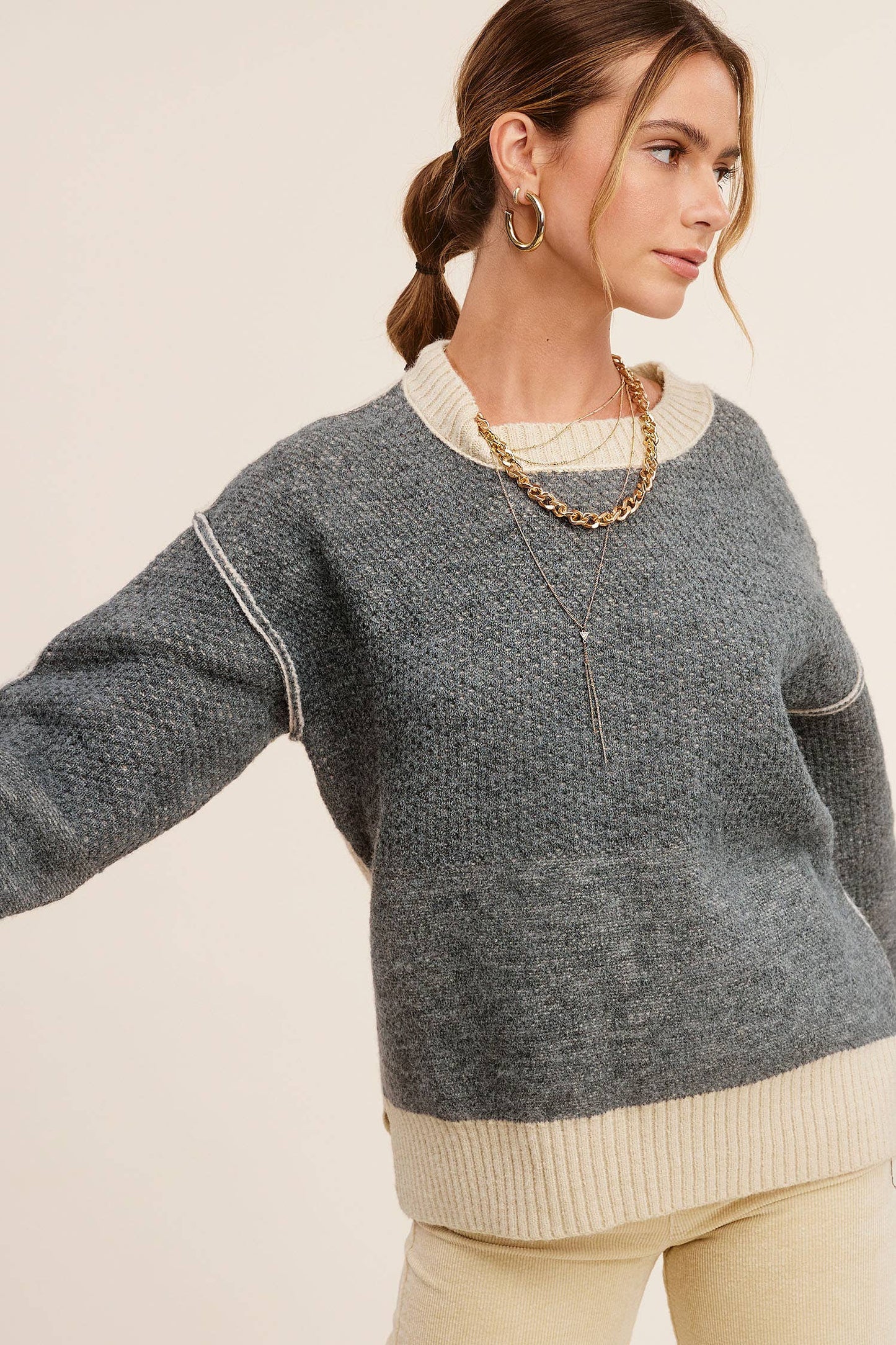 Lora Loose Fit Color Block Textured Sweater