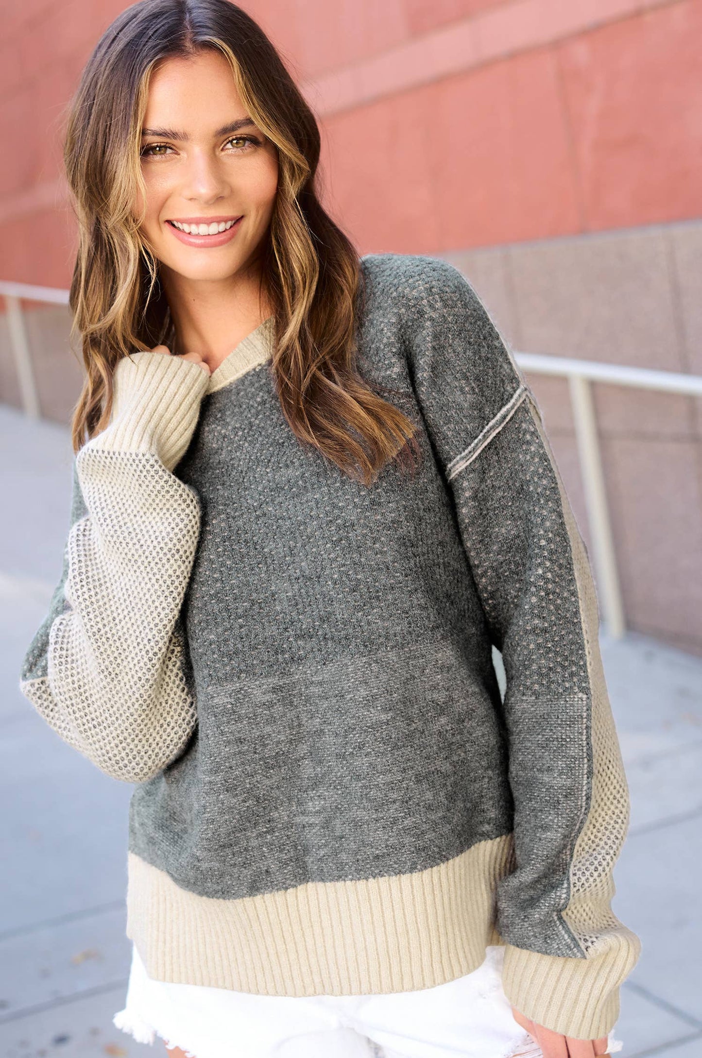 Lora Loose Fit Color Block Textured Sweater