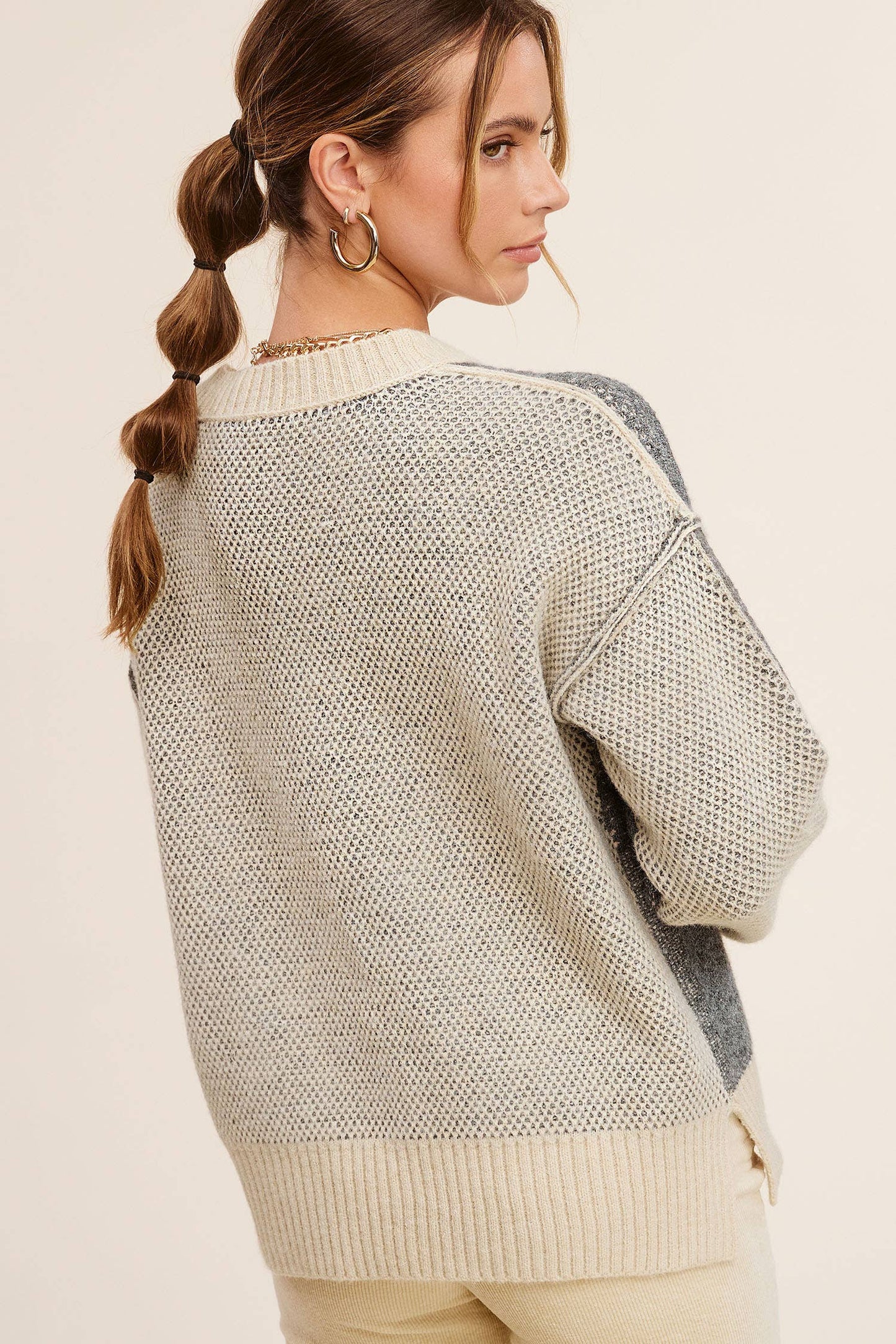 Lora Loose Fit Color Block Textured Sweater