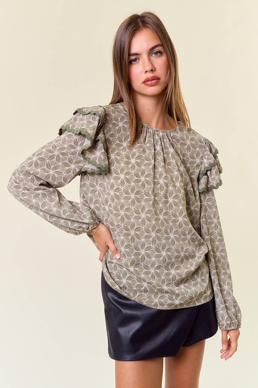 Geo Floral Lace Ruffle Long Sleeve Blouse