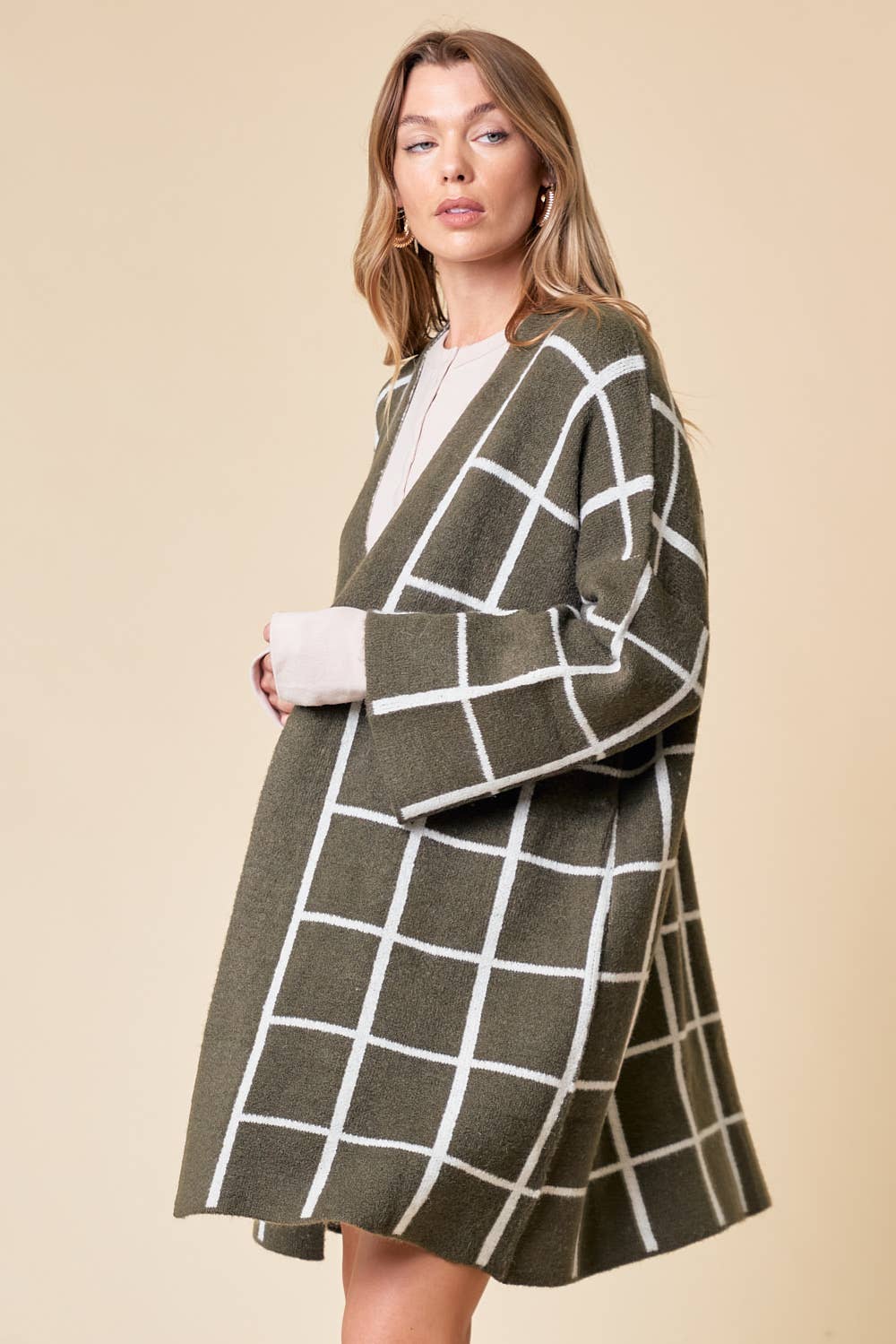 Romy Grid Pattern Long Cardigan