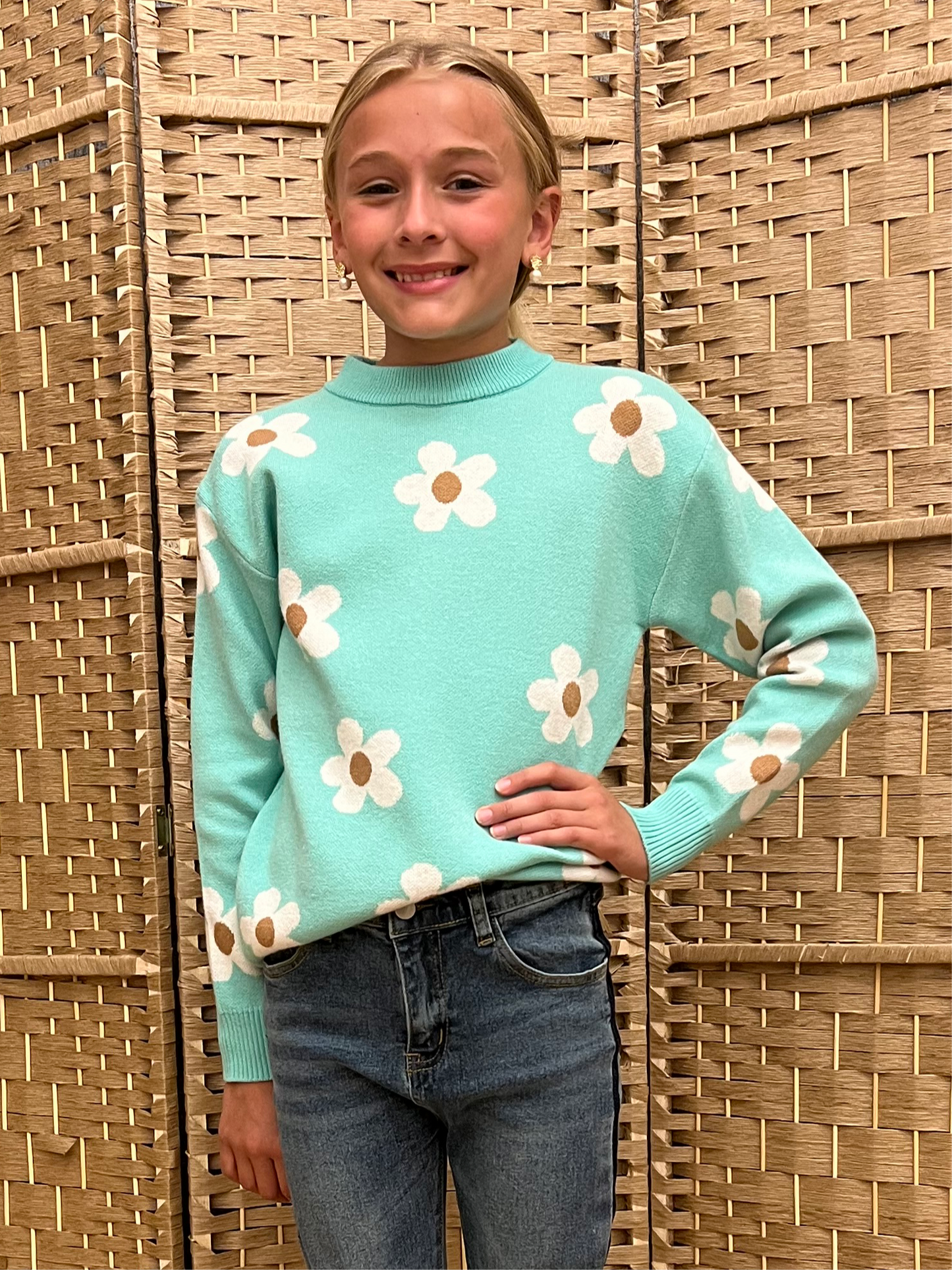 Girl's Mint Flower Crew Neck Sweater