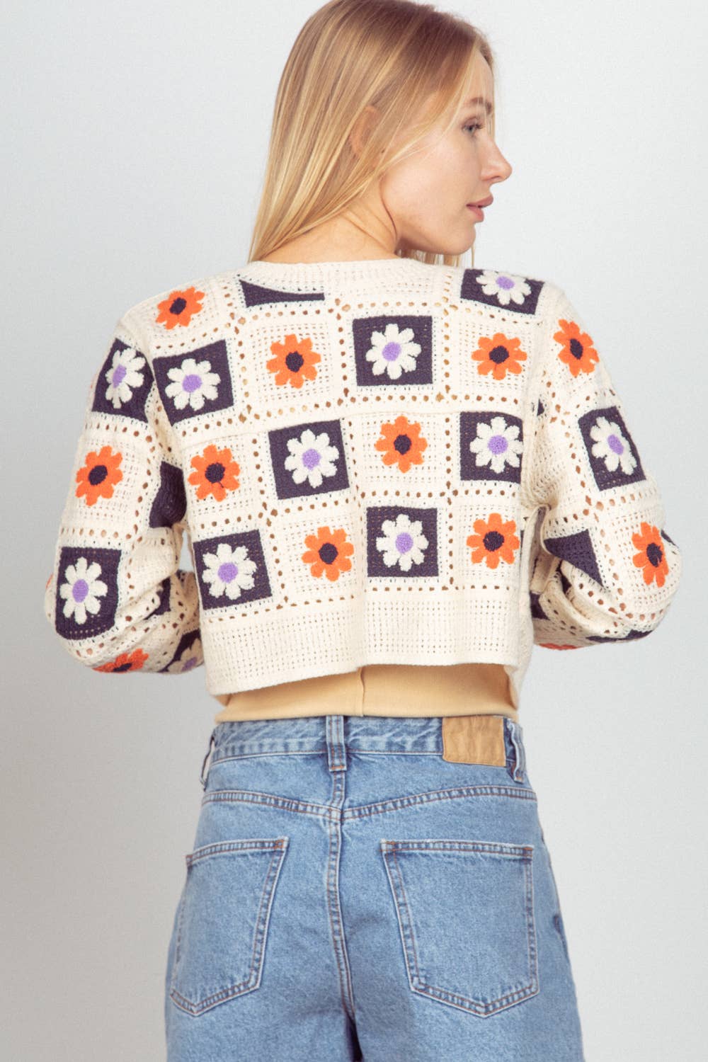 Multi-Color Floral Crochet Cropped Knit Cardigan