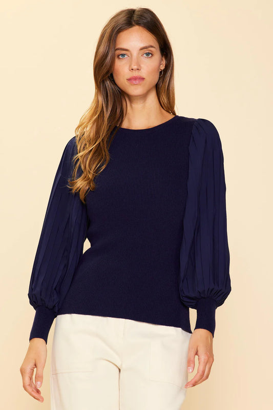 Pleated Sleeve Mixed Material Top