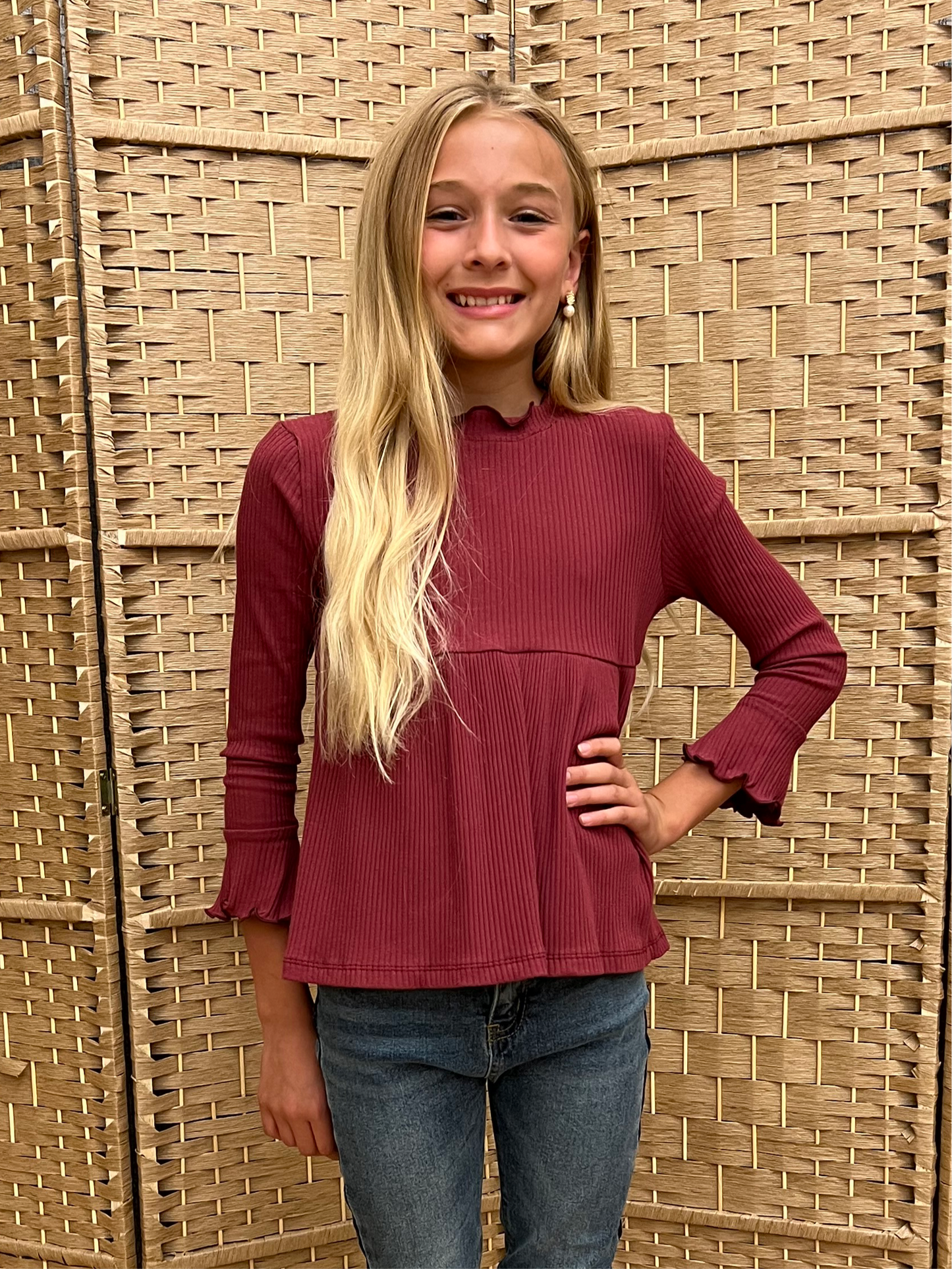 Girl's Burgundy Long Sleeve Lettuce Trim Ribbed Shirt