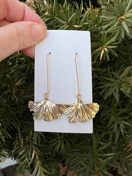 Gold Leaf Dangle Drop Metal Earrings
