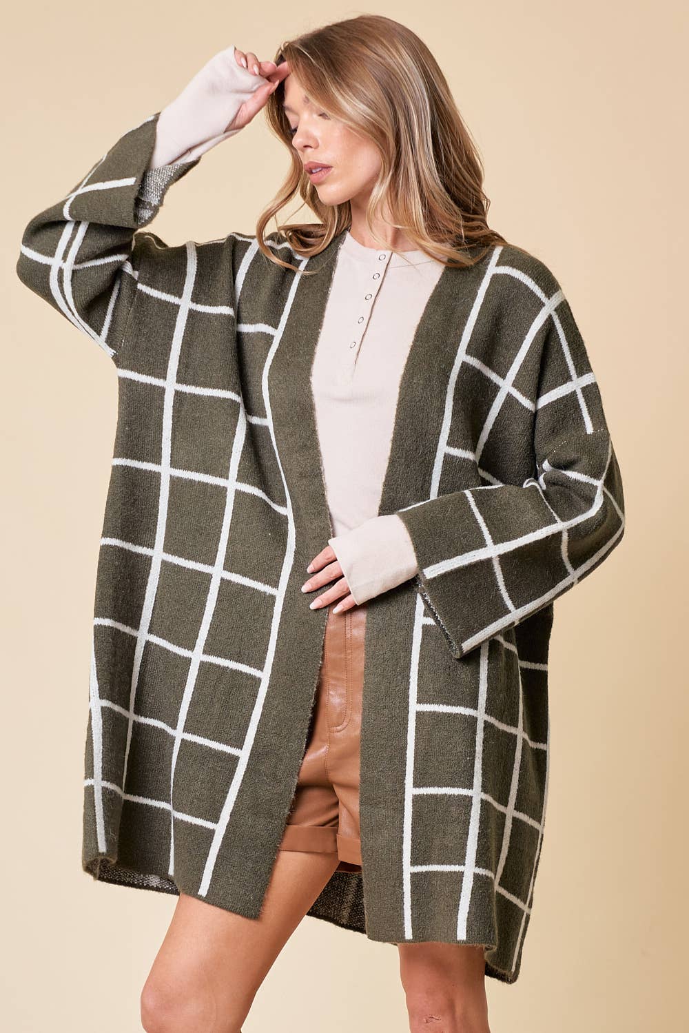 Romy Grid Pattern Long Cardigan