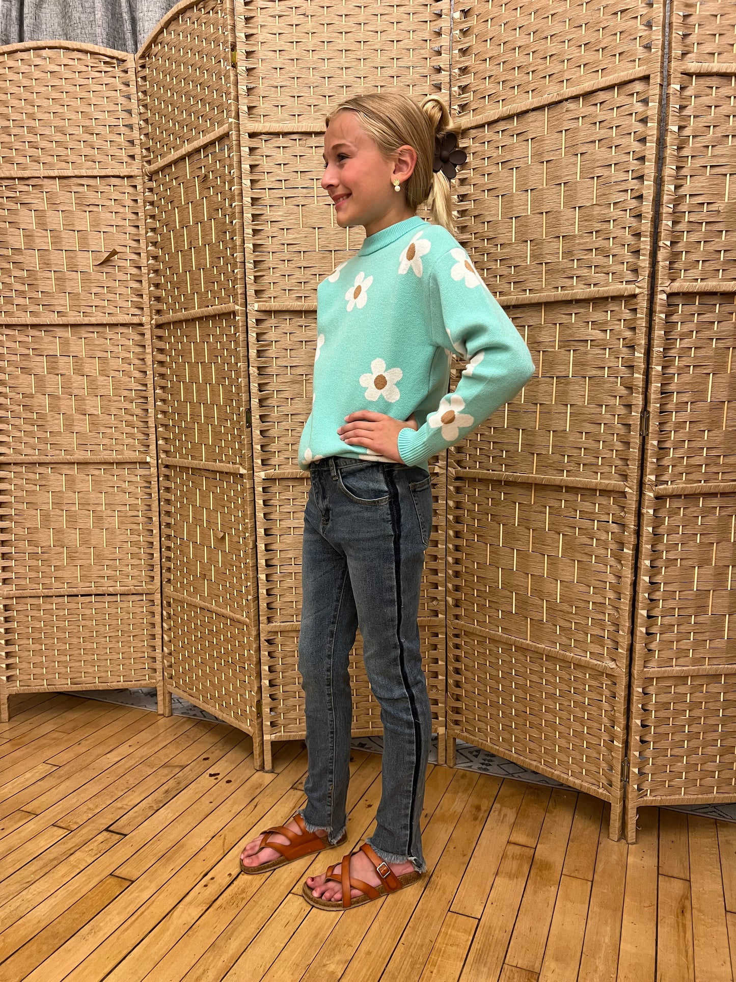 Girl's Mint Flower Crew Neck Sweater