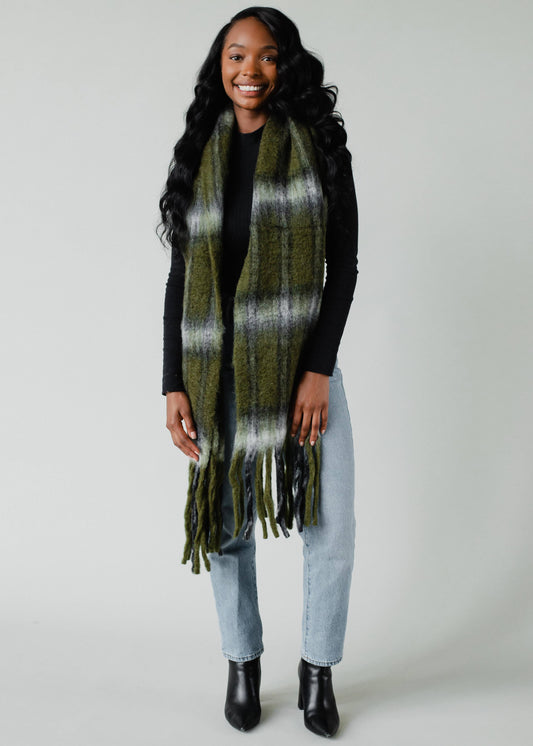 Olive Plaid Long Scarf with Fringe