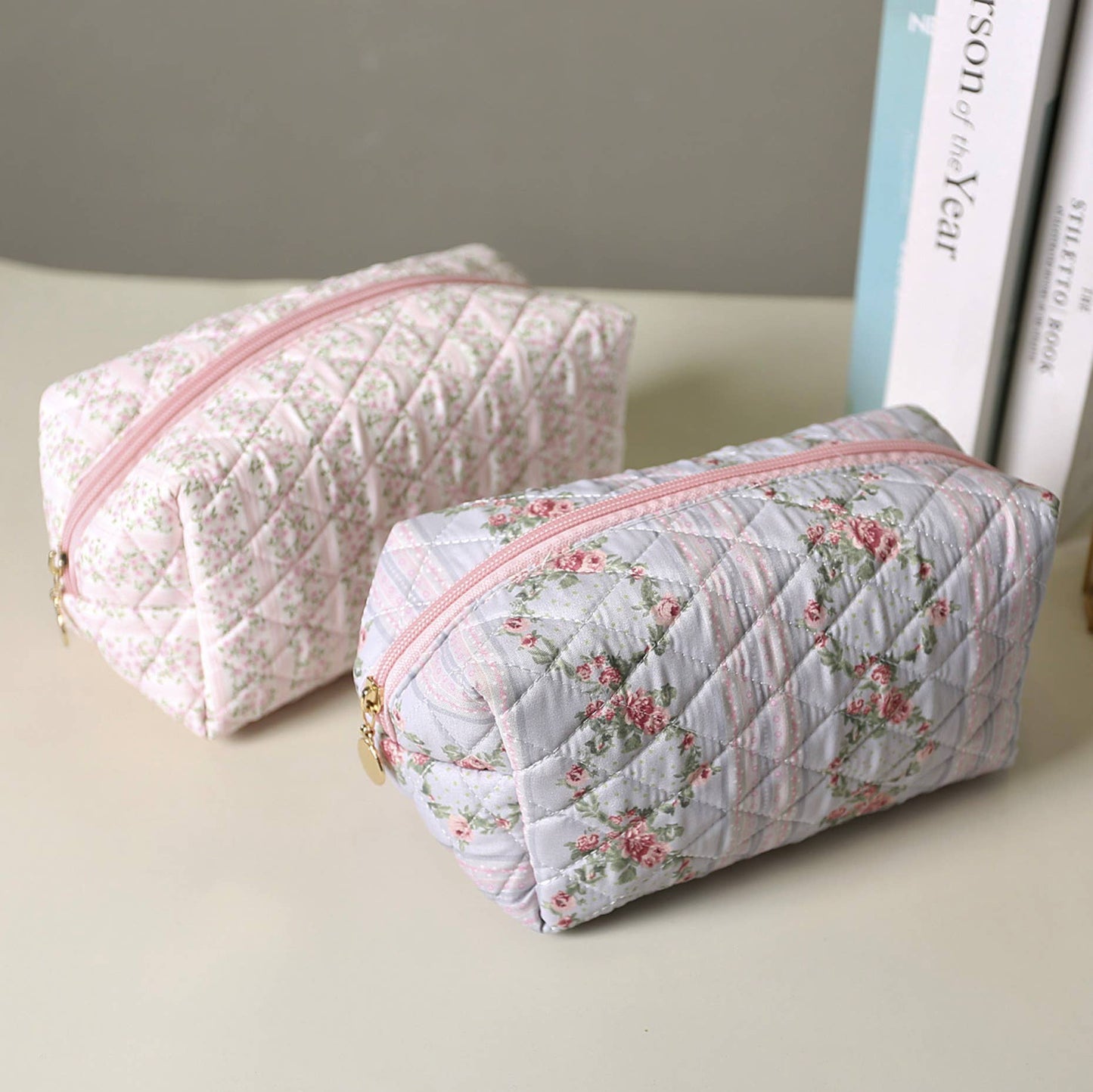 Quilted Floral Design Cosmetic Bag - Multiple Colors