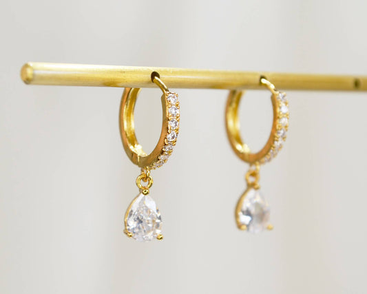 Huggie Hoop Earrings with Pear Dangle