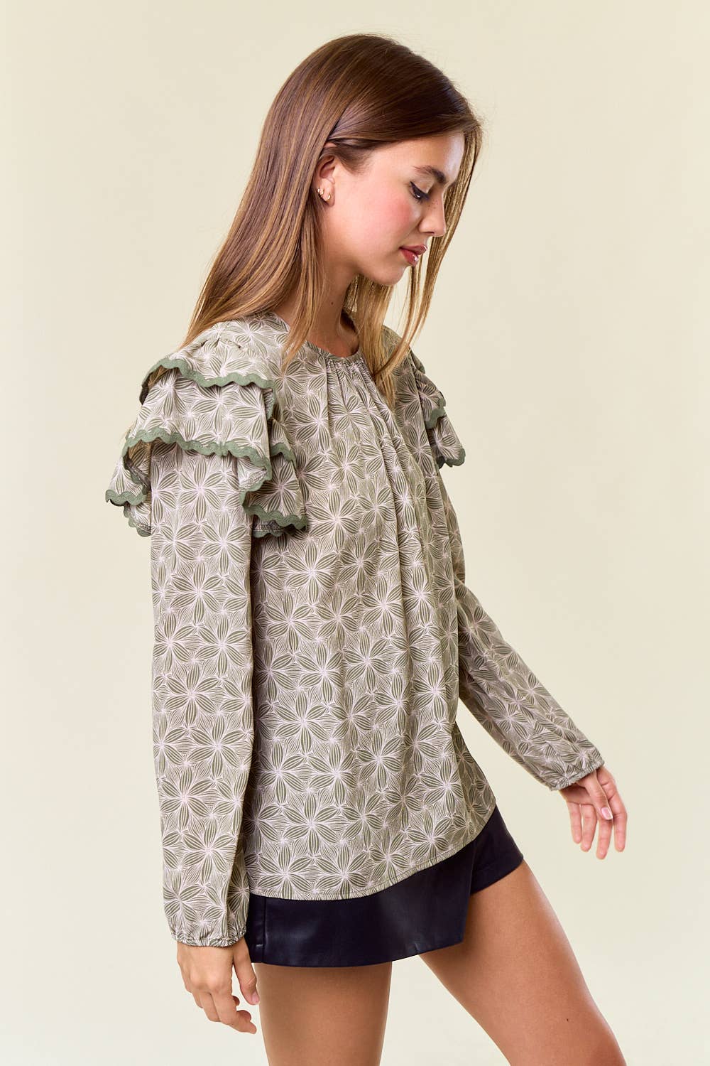 Geo Floral Lace Ruffle Long Sleeve Blouse