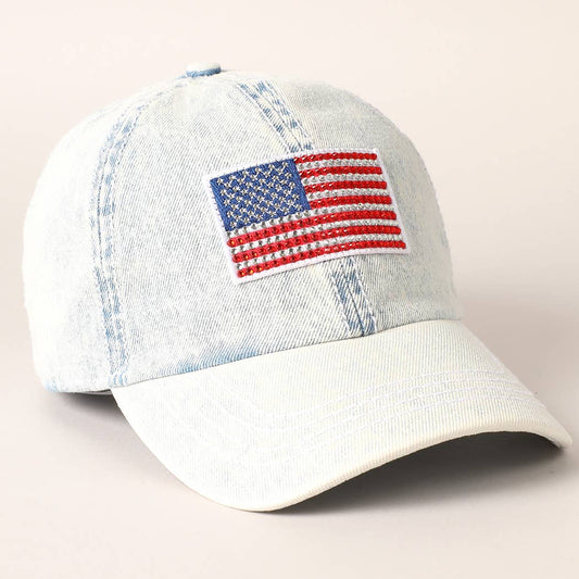 Rhinestone US Flag Patch Denim Baseball Cap